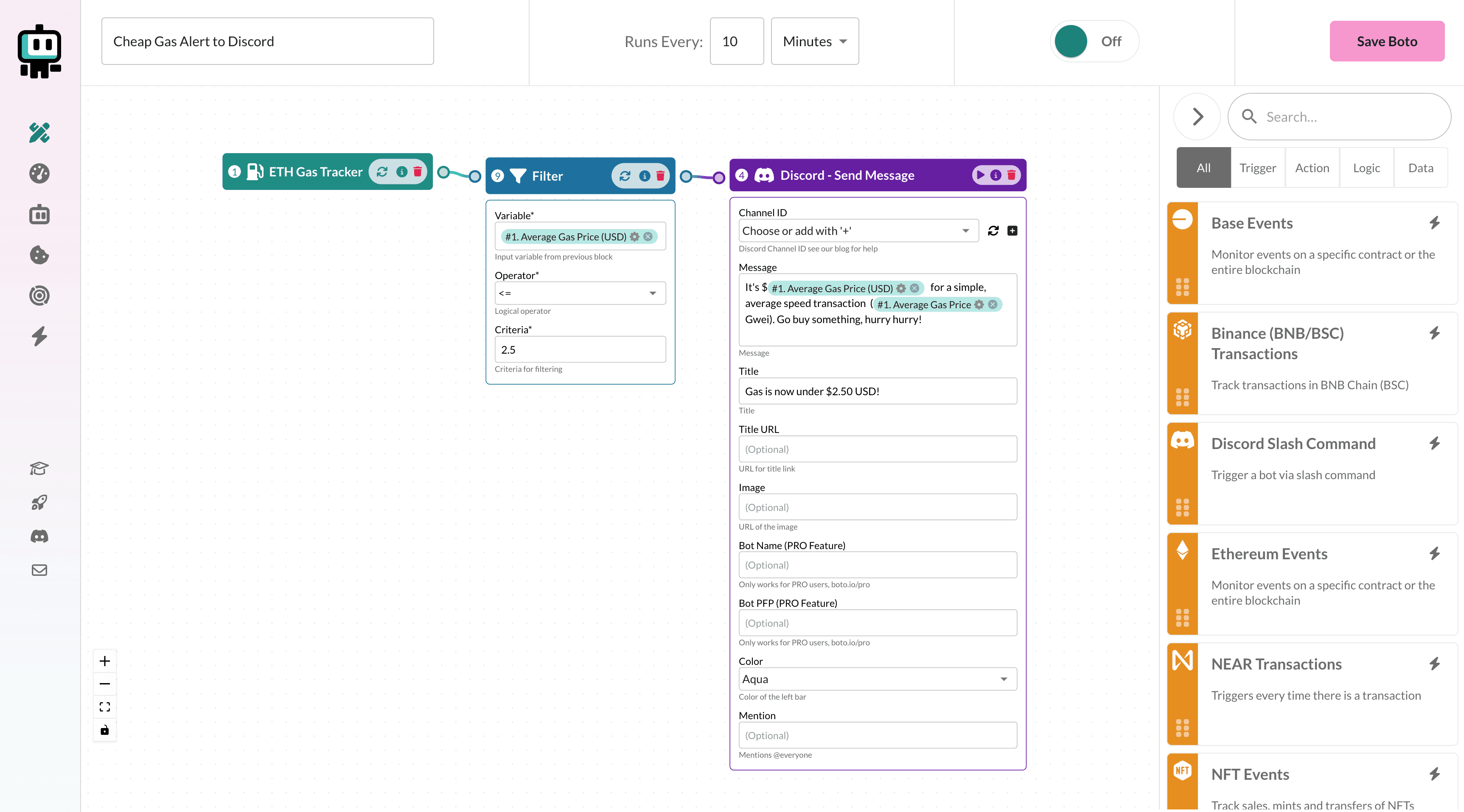 Custom bot being created in Boto canvas